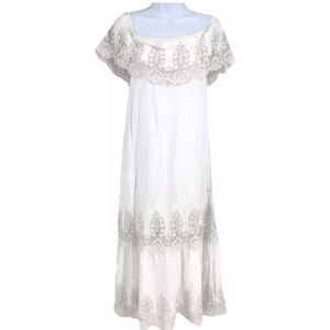 Miguelina Cream Midi Linen Dress with Lace Details